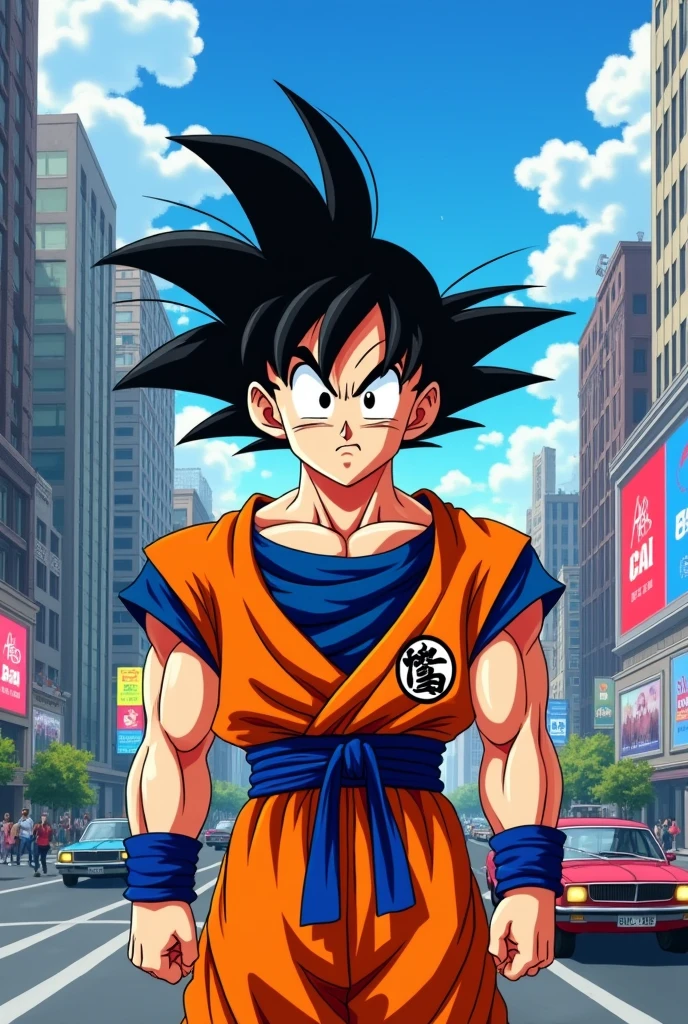 Draw Goku looking annoyed at the viewer in the city