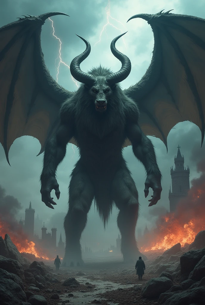 a very tall demon with lion head and goat horns and bat wings standing straight in two feet human pose, stern expression, confident pose, glowing red eyes, dark fur, goat feet, heavenly, muscular frame, a great sword plug on the ground infront of him, detailed facial features, highly detailed, photorealistic, light and shadow contract, dramatic lighting, fantasy, surreal, dark, moody, thunder sky background, white fog foreground, water reflection the ground, skulls on the ground, Powerful Movement、jump on prey、((Dynamic Jumps))
