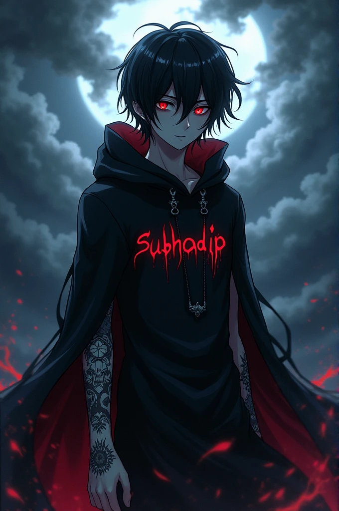 Give me a picture of a evil anime boy who is wearing a cloth which is written Subhadip