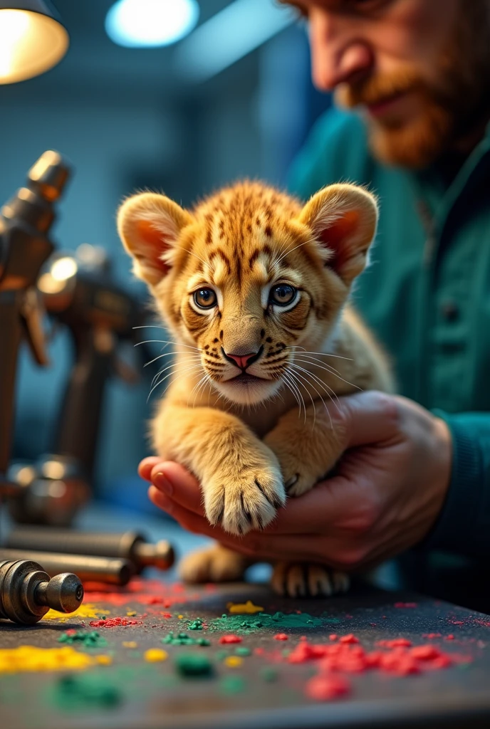 lion baby in hand air tool generated video