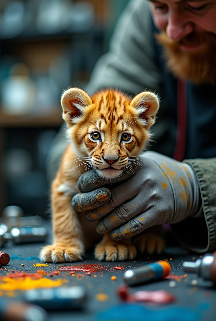 lion baby in hand air tool generated video