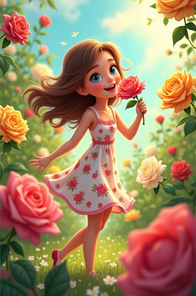 A happy girl smelling rose in rose garden, 2D cartoon picture 