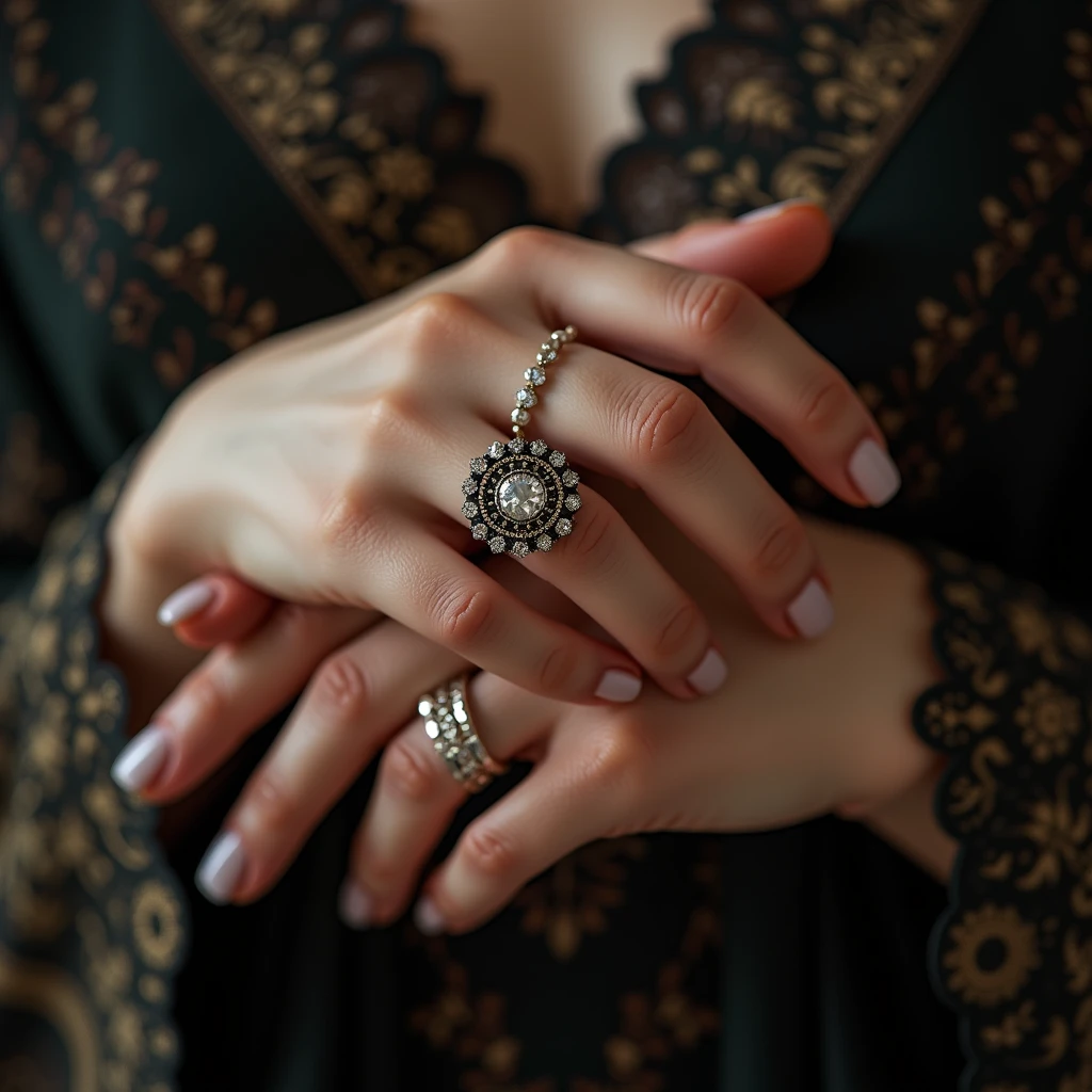 masterpiece, Highest quality, Ultra-high resolution、jewelry、One Woman、Place your hands on your chest、((Hands close-up))、Black Curse Engagement Ring、