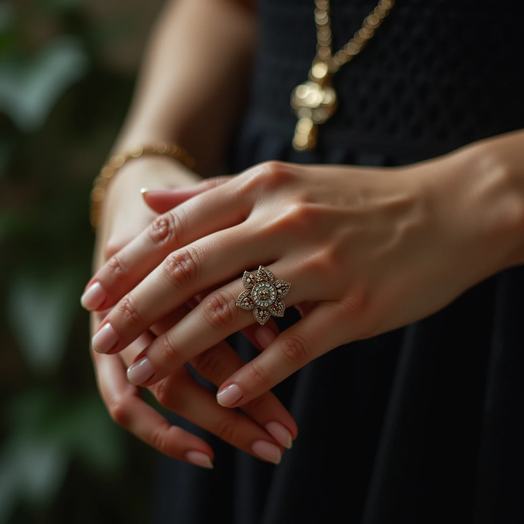 A detailed, close-up shot of a woman's hands, beautiful delicate fingers, intricate veins, soft skin, ornate jewelry, natural lighting, cinematic composition, high-quality, photorealistic, 8K, HDR, sharp focus, studio lighting, realistic rendering, elegant, feminine, graceful, serene, mystical, magical.