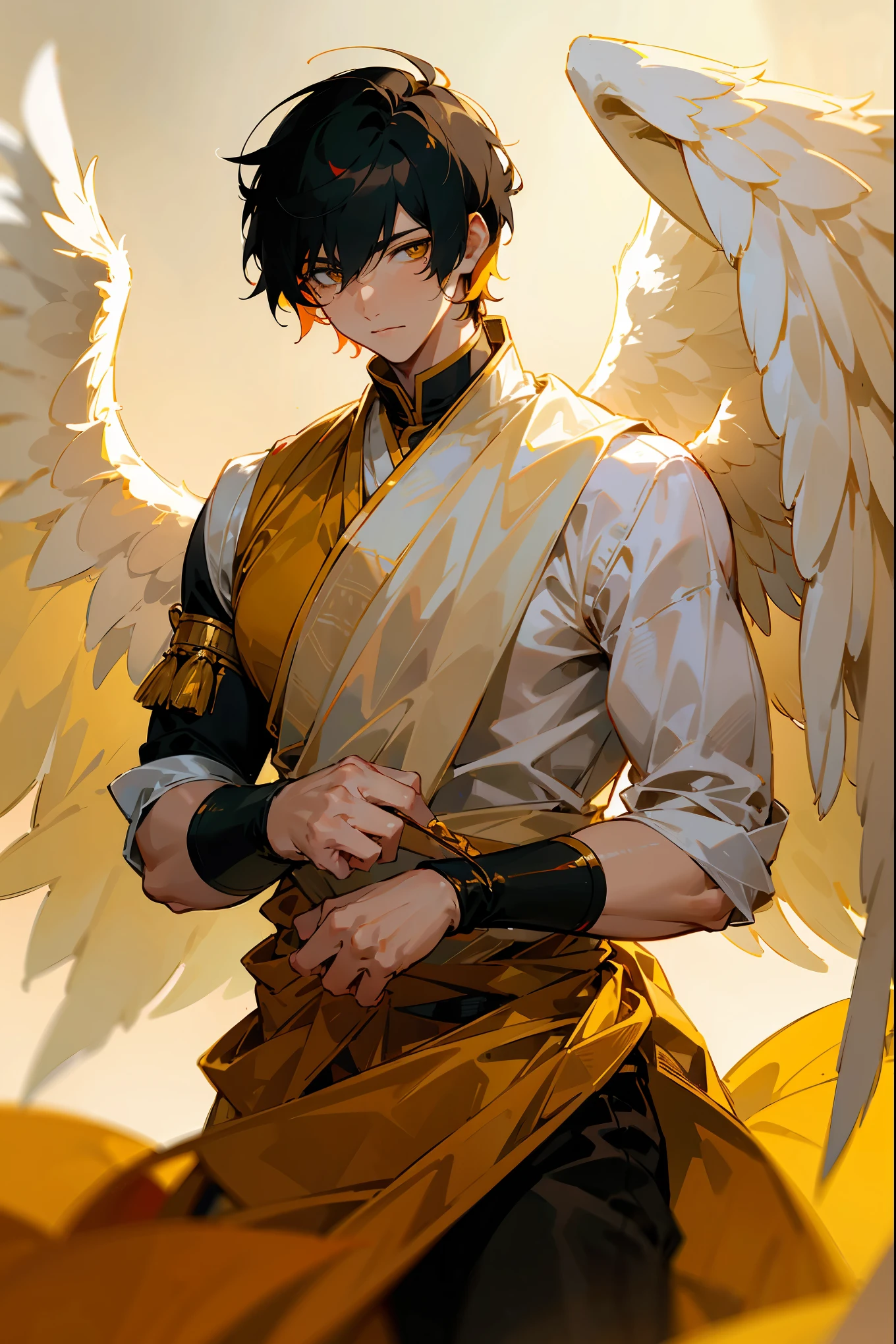 1male, Young Adult, Light Orange Hair, Black Hair, Two Toned Hair, Short Hair, Yellow eyes, Disheveled Hair, Radiant, Masculine, Beautiful Lighting, Angel Wings, Indian Clothing