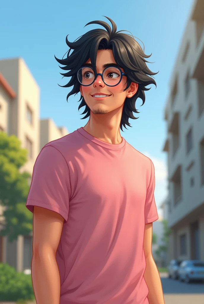 very realistic, 23 year old man, with mustache, Long, messy black hair with some gray, with round glasses, weight of 65 kilos, medium build, Latin American, Chilean, standing full, Simple, average, pink t-shirt, in the open air, backwards