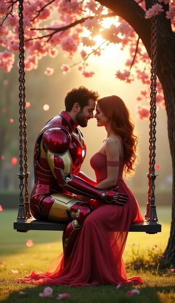 Give me a picture of Ironman making love to a lady, sitting on a swing in a park