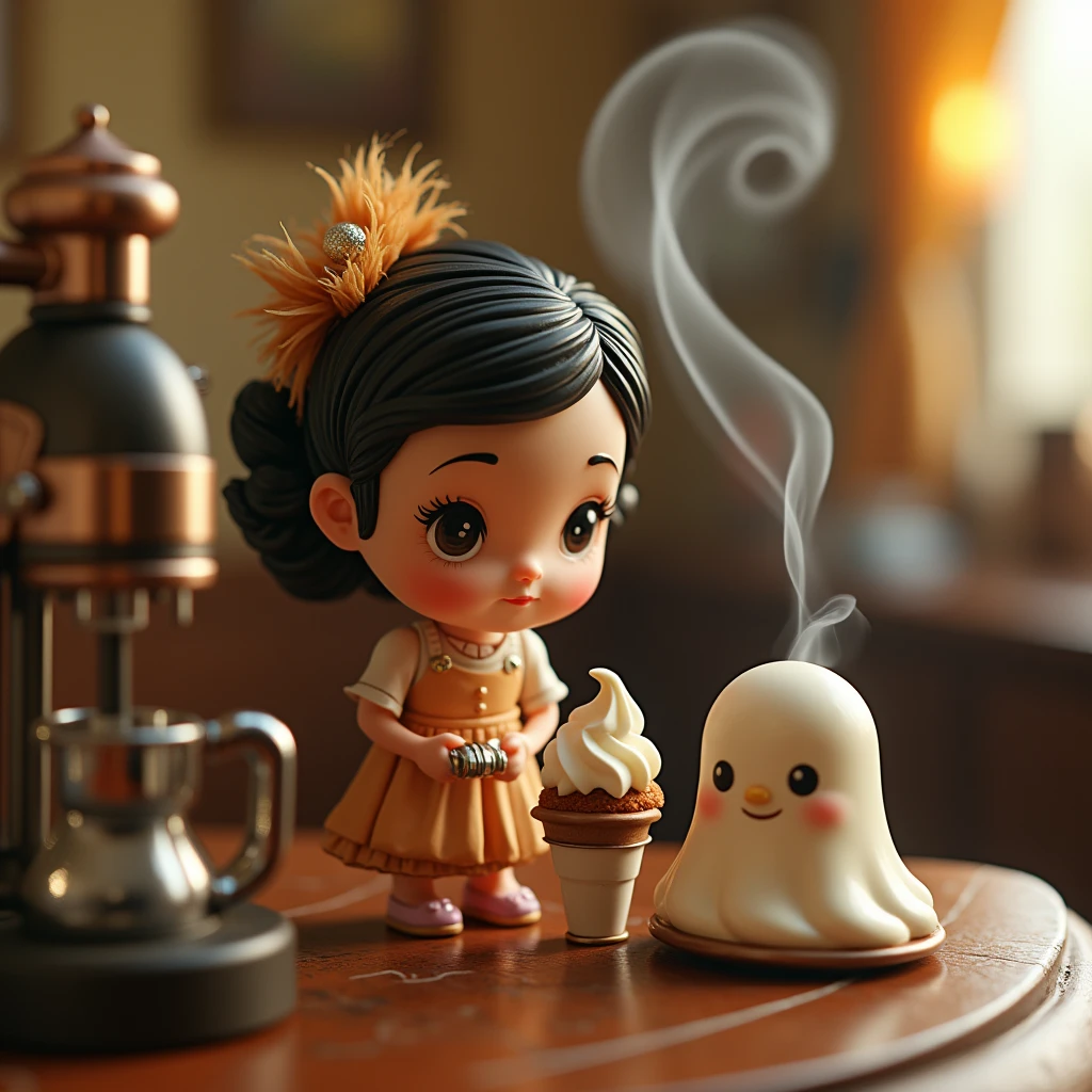American vintage miniature toy tabletop, Steampunk girl, ice cream, Micro coffee machine, Flowing liquid, smokes, Little Ghost, Awards, best quality, Movie Lighting, Awards, best quality, Ultra HD, Ultra HD, Multiple Views, Awards, best quality, high quality , Pixar, Anime style, Pixar, Anime style, Bauhaus, High Detail, High Detail, high quality
