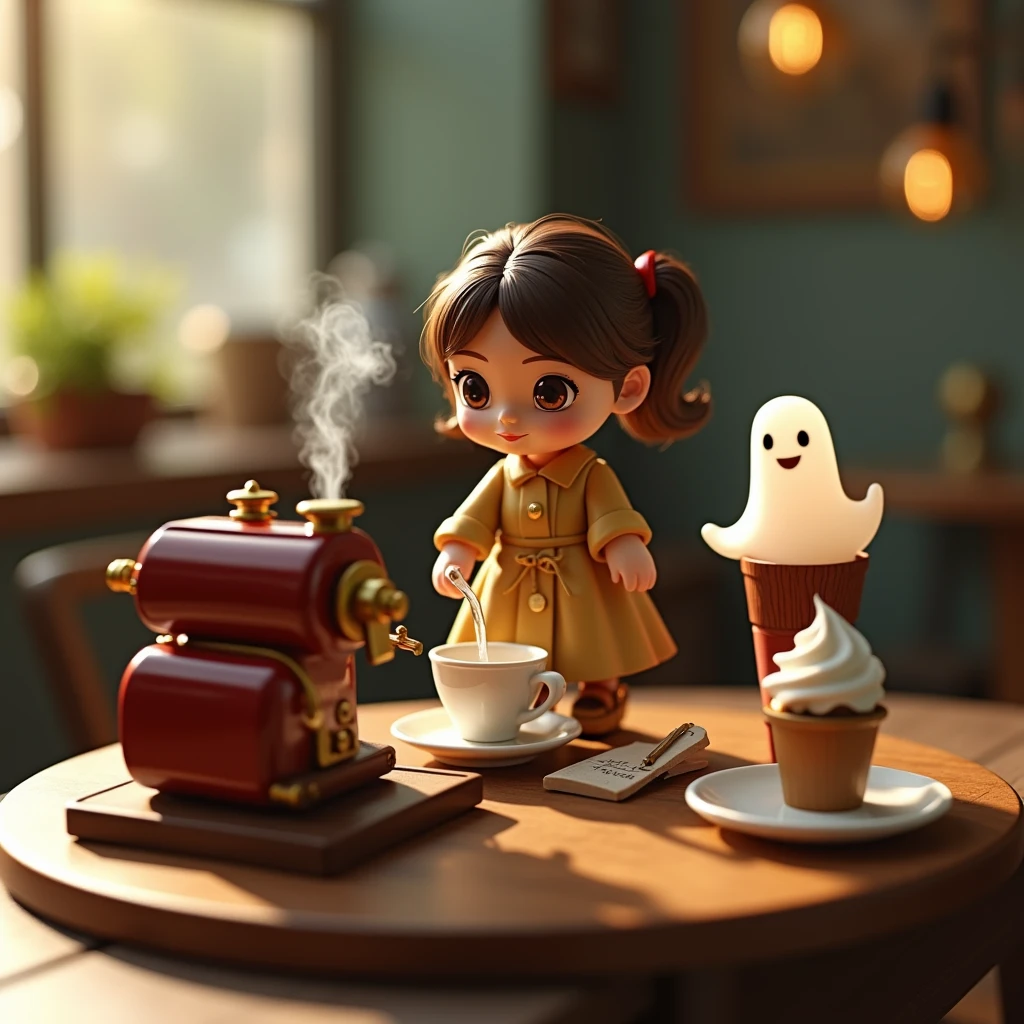 American vintage miniature toy tabletop, Steampunk girl, ice cream, Micro coffee machine, Flowing liquid, smokes, Little Ghost, Awards, best quality, Movie Lighting, Awards, best quality, Ultra HD, Ultra HD, Multiple Views, Awards, best quality, high quality  , Pixar, Anime style, Pixar, Anime style, Bauhaus, High Detail, High Detail, high quality  