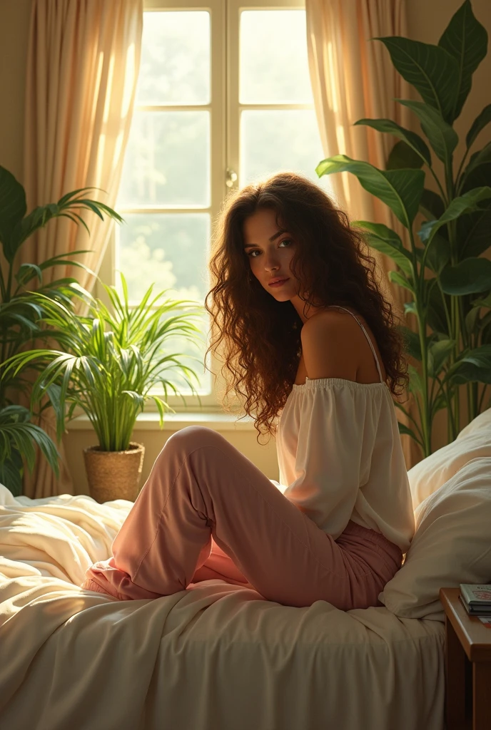 (photorealism:1.2), beautiful woman, sitting on bed, wearing loose off-shoulder top, pajama pants, long curly hair, indoors, soft lighting, plants in background, window with sunlight, cozy room, relaxed pose, realistic, intricate details, warm colors, by Greg Rutkowski, by Alphonse Mucha