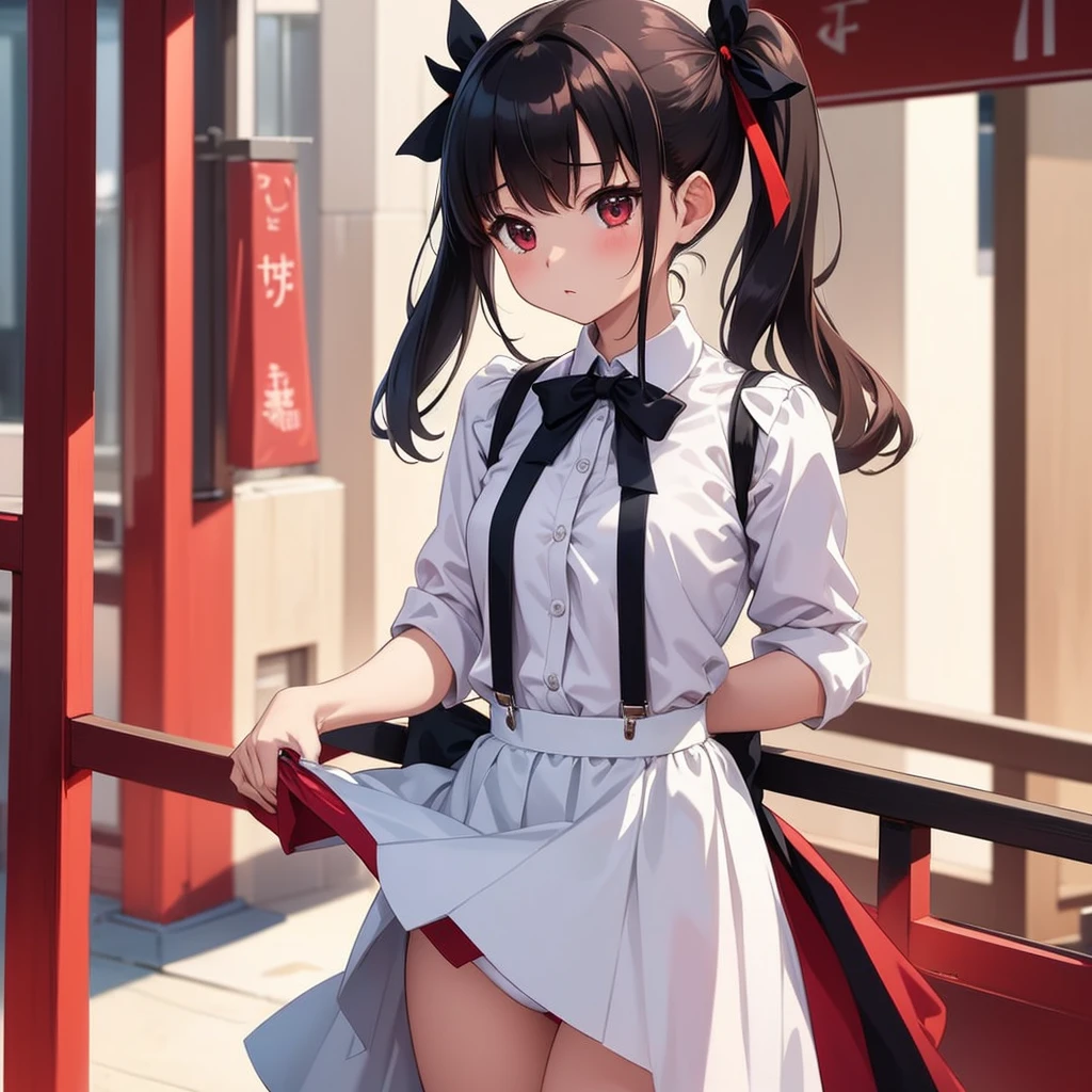 best quality, ame-chan, masterpiece, 1 Girl, Solitary, Small Breasts, Cowboy shooting, Suspenders, Red Shirts, Black Ribbon