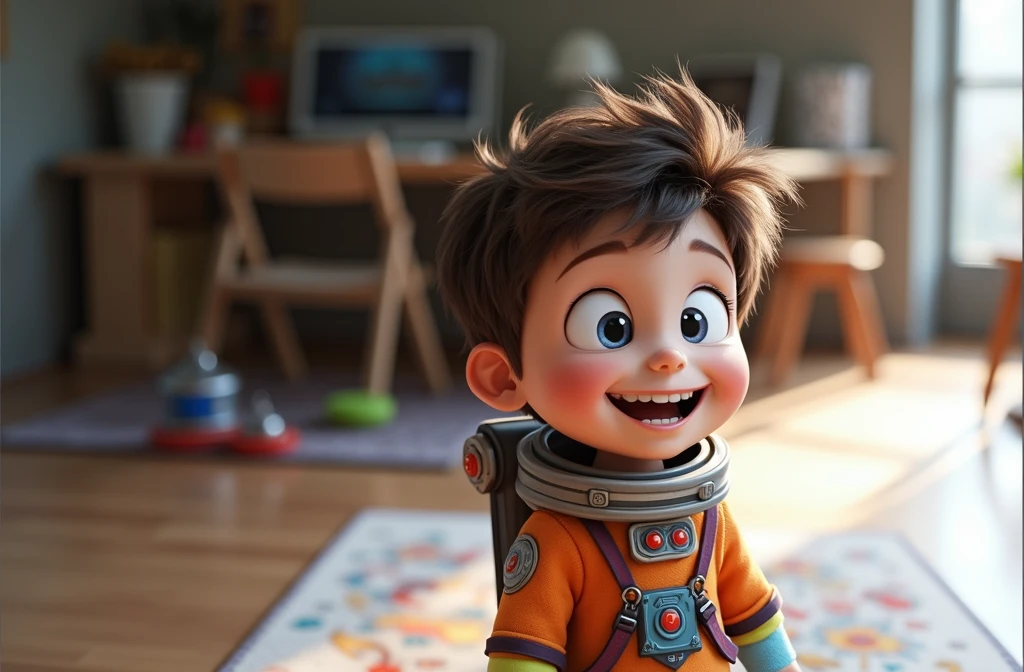 a happy and cute boy with short hair, wearing a space costume, , white background, the child, tom, Pixar-style, 3d, Cartoon s, face detailed, asymmetric 16k