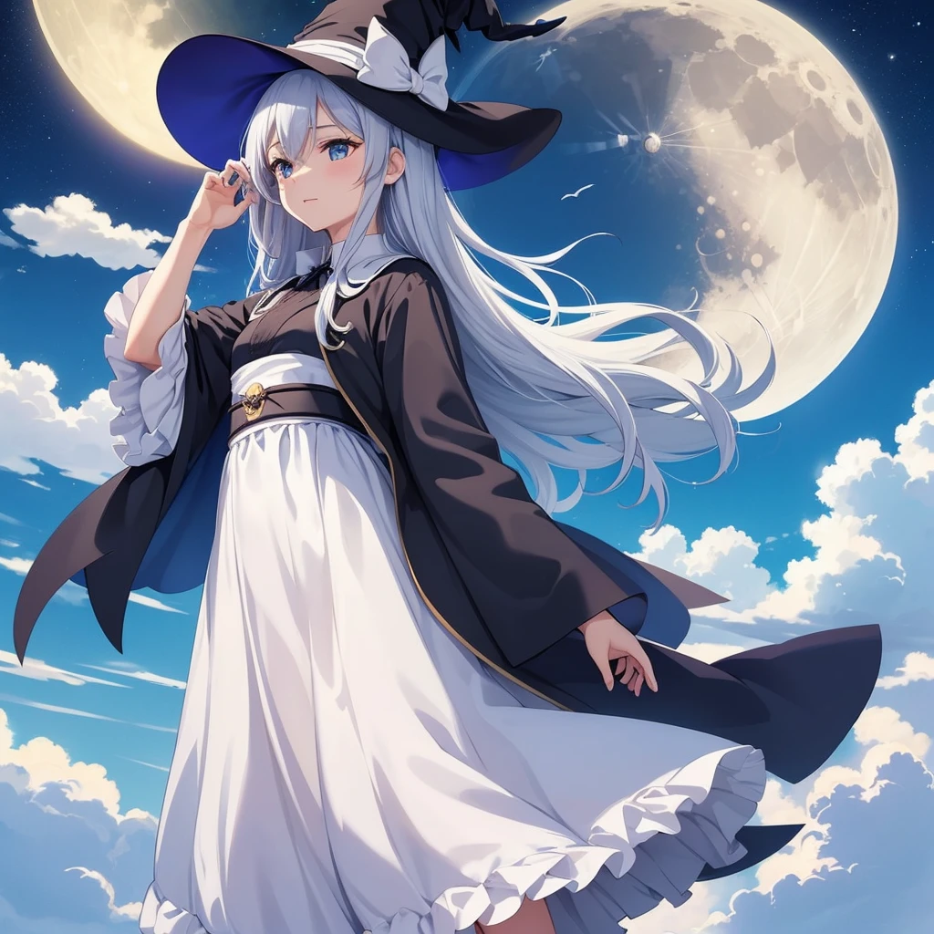 best quality, Very detailed, masterpiece, Extremely detailed, cloud, witch_have, have, 1 Girl, sky空, blue_sky空,sky, long_hair, cloudy_sky空, moon,bird, Solitary, silver_hair, witch, outdoor 