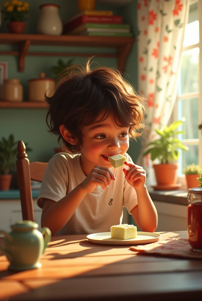 An ordinary person sitting eating a milk candy