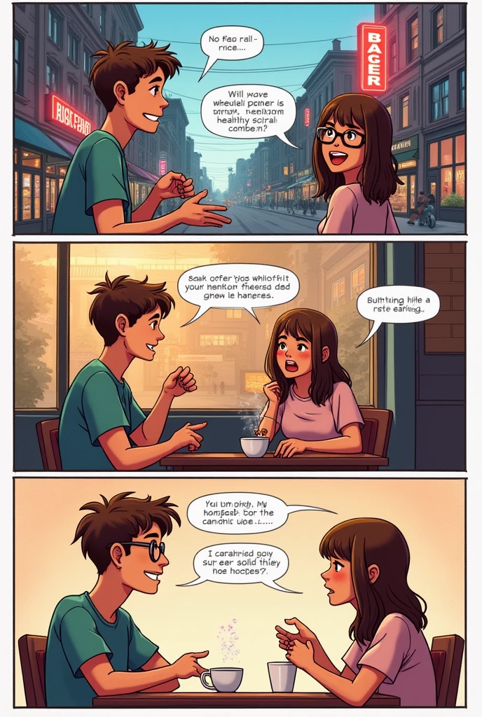 Panel 1:
Character 1: (Nomination) Hey, do you want to grab some lunch together?
Character 2: (Turn-taking) Sure, I'm hungry.
Panel 2:
Character 1: (Topic control) Let's go to that new burger place downtown!
Character 2: (Restriction) Actually, I'm trying to eat healthier. How about a salad place instead?
Panel 3:
Character 1: (Repair) Oh, okay. Let's go to the salad place then. What's been going on with work?
Character 2: (Topic shifting) Not much at work, but I did start a new hobby recently.
Panel 4:
Character 1: (Termination) That's cool! What hobby did you pick up?
Character 2: (Nomination) I started painting. It's been really relaxing. Thanks for suggesting lunch today, it's been great to catch up.