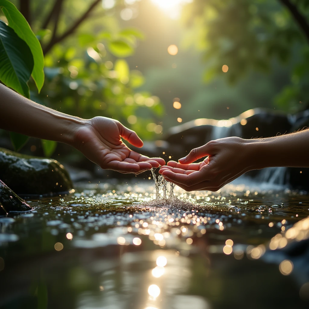 Close-up of two hands scooping up water, super close-up, light pouring in,