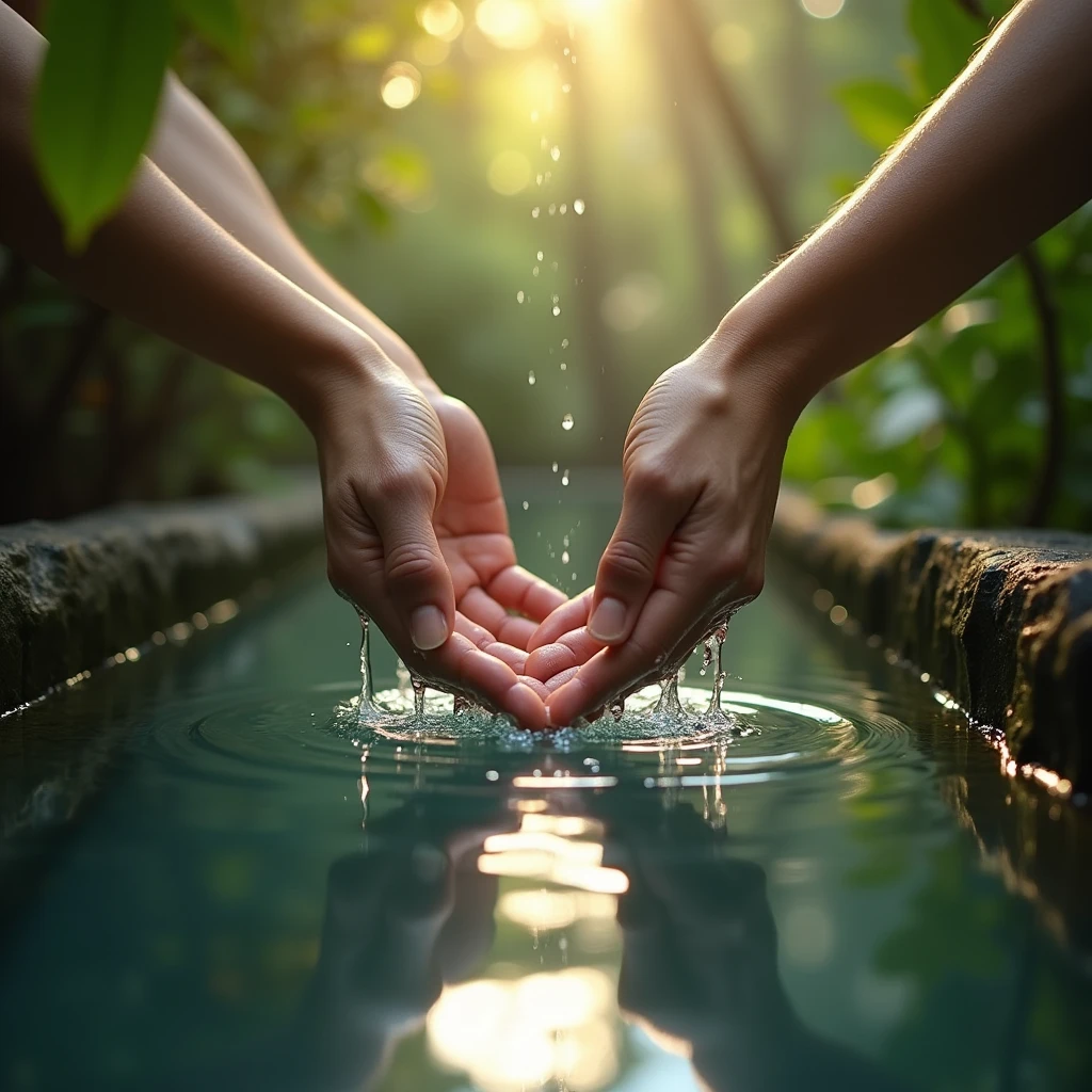 Close-up of two hands scooping up water, super close-up, light pouring in,
