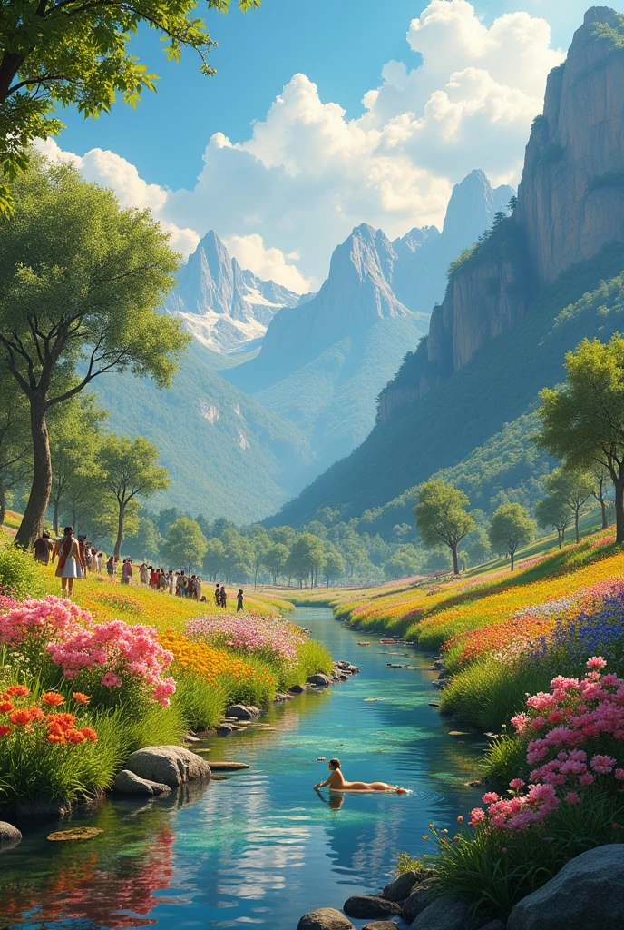create for me an image of the new earth, where there will be fields full of flowers and fruit trees and a river with crystal clear water. full of tame animals, there will be bright and glorious woods. surrounded by mountains with roses and lilies, and children will be able to play and run and pick flowers , angels walking beside happy black and white people, and a black woman beside Jesus talking