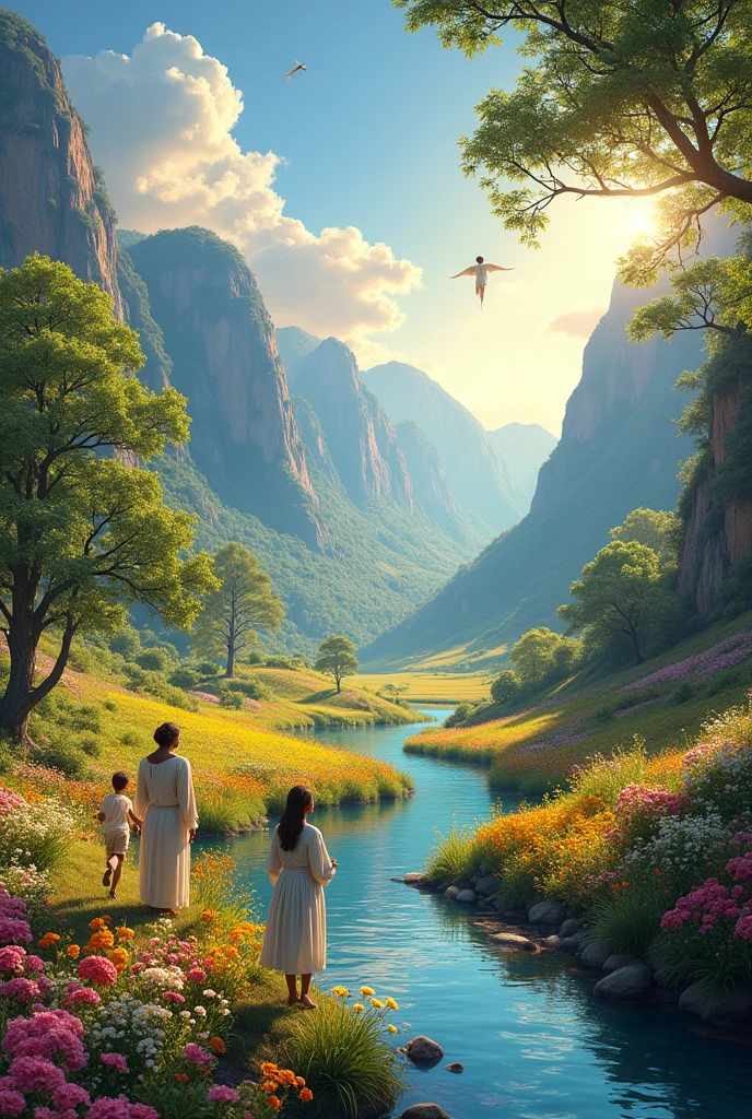 create for me an image of the new earth, where there will be fields full of flowers and fruit trees and a river with crystal clear water. full of tame animals, there will be bright and glorious woods. surrounded by mountains with roses and lilies, and children will be able to play and run and pick flowers , angels walking beside happy black and white people, and a black woman beside Jesus talking