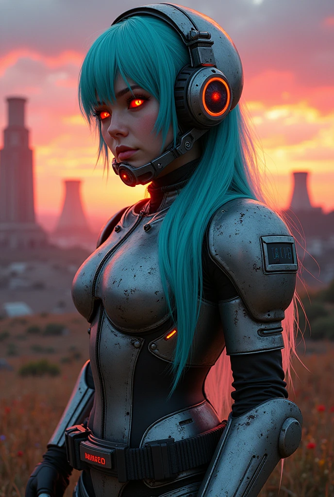 Hatsune Miku wearing a t-60 power armor head from fallout