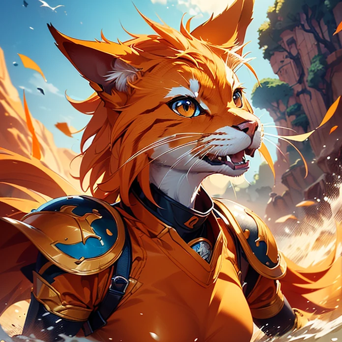 High Resolution, HD, High Quality, Super Detailed, High Details, Masterpiece, Anime, Anime Style, Character Design, high fantasy, epic art, animal characteristics, real animal with humanoid features, humanoid animal with true humanoid with true animal features, NO HUMAN FACE AND SKIN
{{adult female domestic orange cat female explorer:(green cat eyes, orange cat head, orange cat face, orange cat pink nose, orange cat mouth, orange cat ears, orange cat neck, orange cat slender body, medium breasts,all body covered in orange cat fur, slender orange cat arms, orange cat hips, orange cat legs, orange cat hands with 4 fingers and 1 thumb, orange cat tail),(blue sailor shirt, red leggings, red shoulderpads, blue gloves, redd knee pads, 2 silver daggers on each hand),(laughing with her open cat mouth showing her own cat famgs and teeth, running fiercely to fight and sneak attack),(kenya desert, sunny dawn, sandy ecosystem amd ground, several arabic towers destroyed around)}}