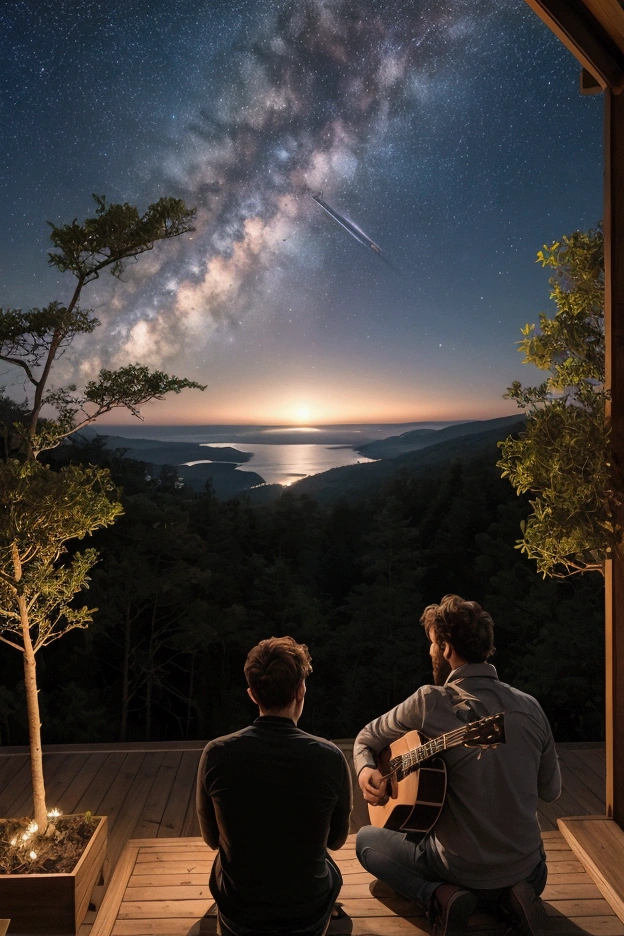 realistic, man sitting and playing guitar on the terrace of a romantic caban in forest, from the coast, feeling like they are on top of the world, a magical night, admiring the beauty of the city lights, the trail of the Milky Way, and the sky full of stars, high density of stars in sky