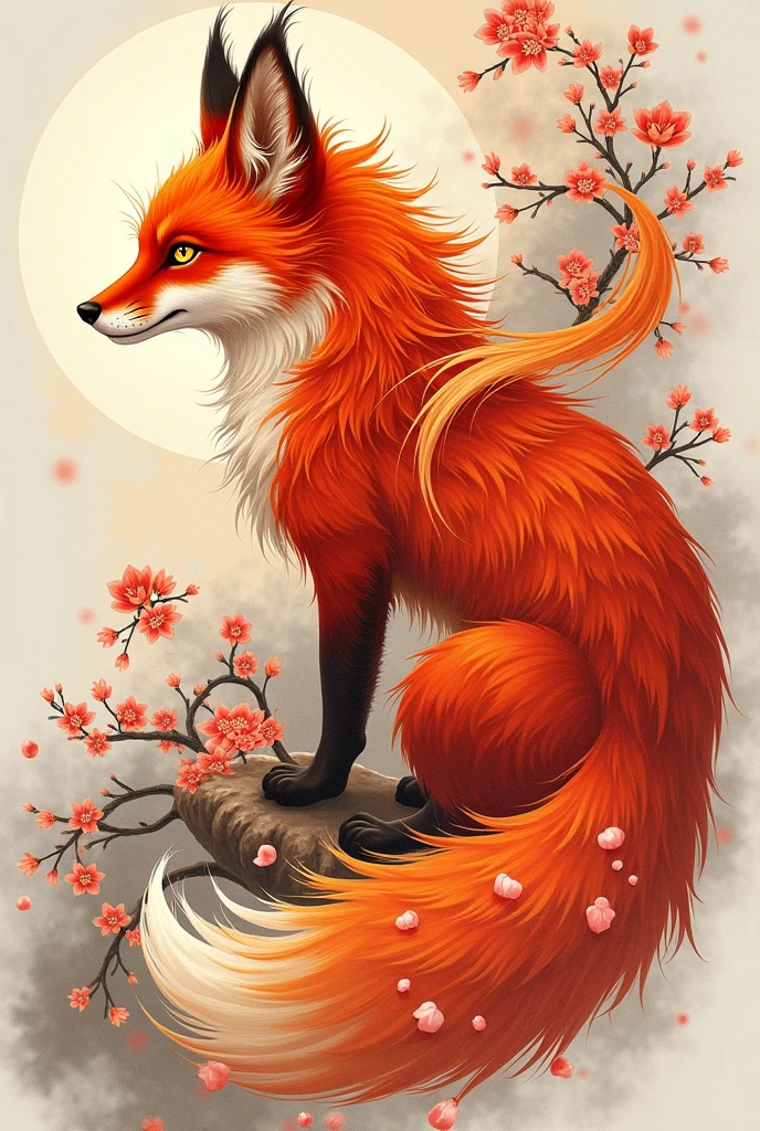Give me a nine-tailed kitsune combined with a well-empowered phoenix for a tattoo 