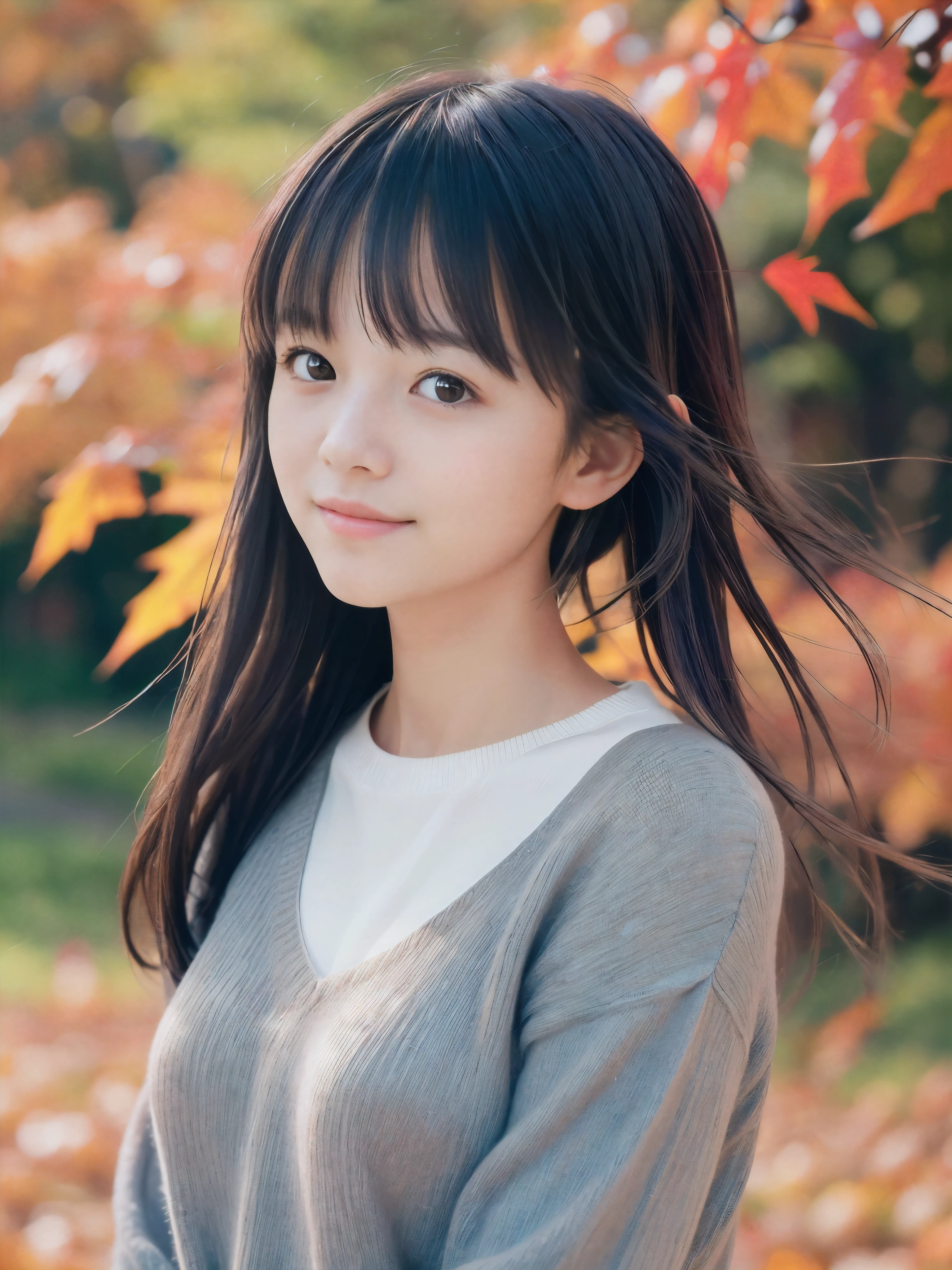 (Face shot of one slender small breasts two side up black medium hair bangs girl in autumn colorful shirt and sweater
:1.5)、(One girl is turn around with small smile and her hair is blowing
by the wind
:1.5)、(Beautiful red leaves and autmn mountain:1.5)、(Soft filter:1.5)、(8k ultra detailed master piece:1.5)、(perfect anatomy:1.5)、(Photorealistic stick:1.5)、(Raw photo:1.3)、(highest quality:1.5)、(High resolution:1.3)、(Delicate and beautiful perfect face:1.3)、(Delicate and beautiful eye air skin:1.3)、(Real Human Skin:1.3)、((thin legs))