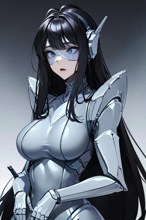 empty eyes,robotized woman ,big bust,Robot Joint ,Metal skin,Black Suit,long hair,a suit that covers the whole body,mechanization,robot, antenna