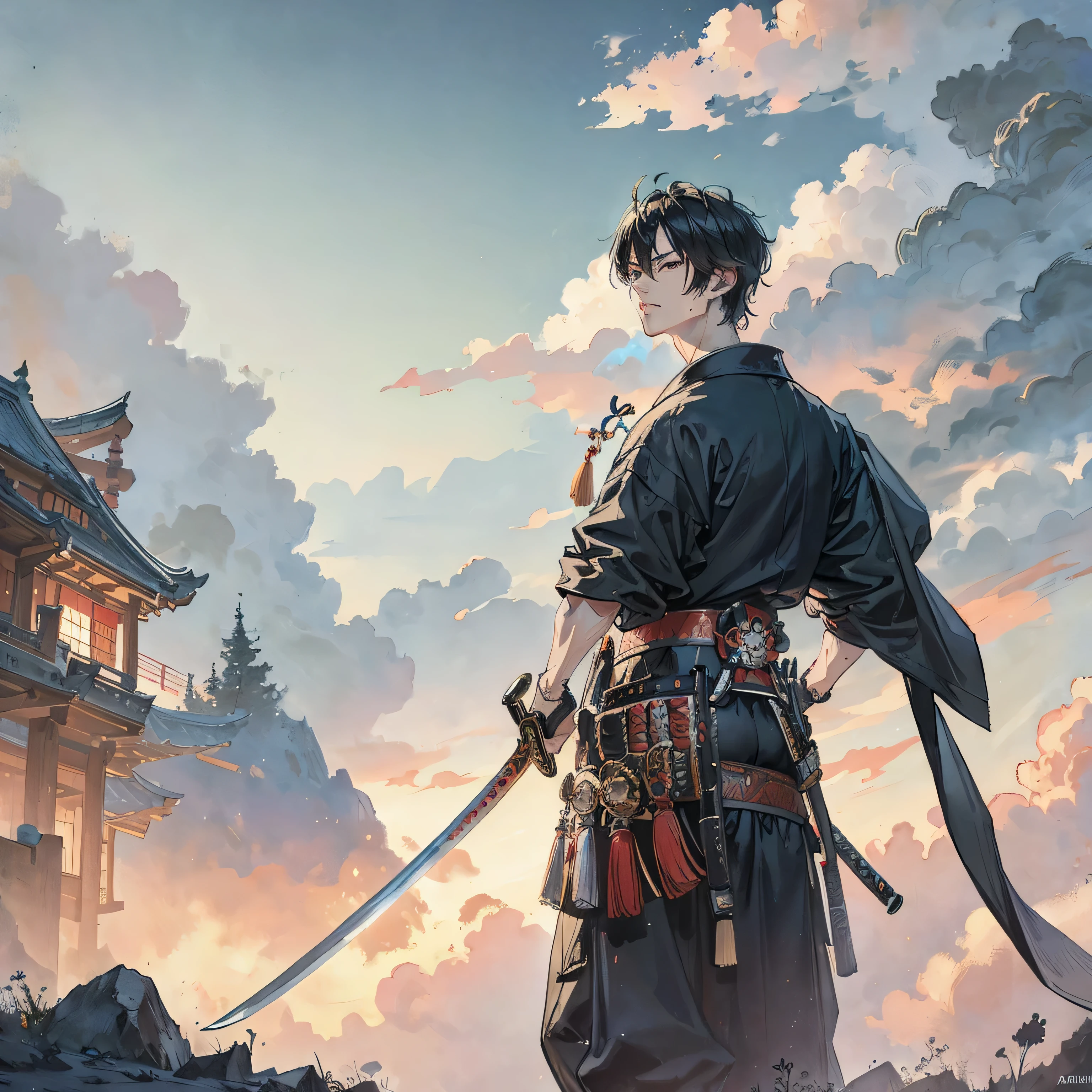 handsome samurai, sword, cloud, 8k, hd, unreal engine