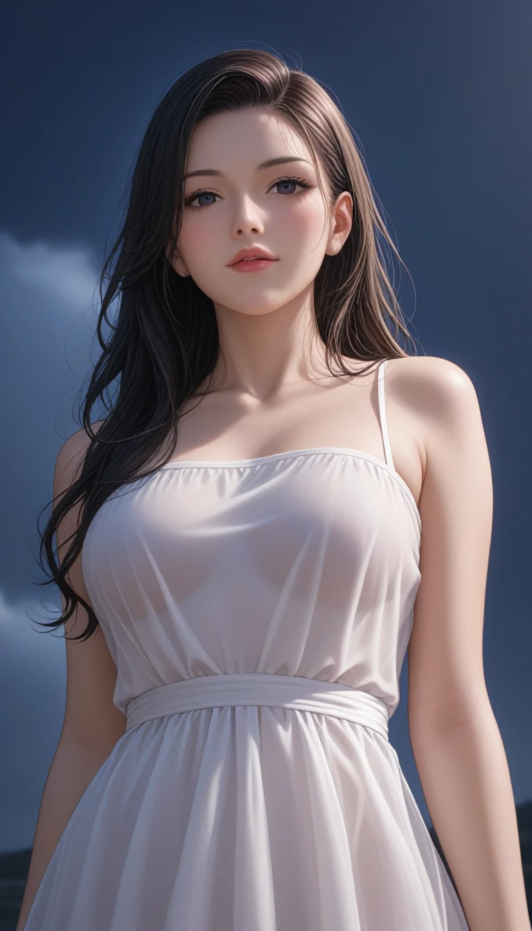 score_9, score_8_superior, score_7_superior, High-resolution CG illustration,A masterpiece in 32K resolution,Highest quality,it is really amazing,Very detailed,Ultra-high resolution,Ultra-realistic,Realistic,Increased depth of field,Cinematic lighting,
Sexy mature Japan woman,
Glossy black hair,Wavy long hair,Showing his forehead,god々Beautiful,Ultra-detailed and beautiful face,Sensual look,Beautiful dark brown, moist eyes,Pitch black eyes,Glowing, moisturized skin,Translucent white skin,born々New skin texture,Great proportions,
(A long, white draped dress in the style of an ancient Greek chiton:1.05),
Simple design,コットンborn地の柔らかな質感,Beautiful flowing drape,
A dark and blurry night background,Dark overcast sky on a dull night,Dark clouds filling the sky,Thundercloud,Coastline at night,Golden reflections on the sea surface,delay々A desolate sandy beach that continues,
Low - Angle,