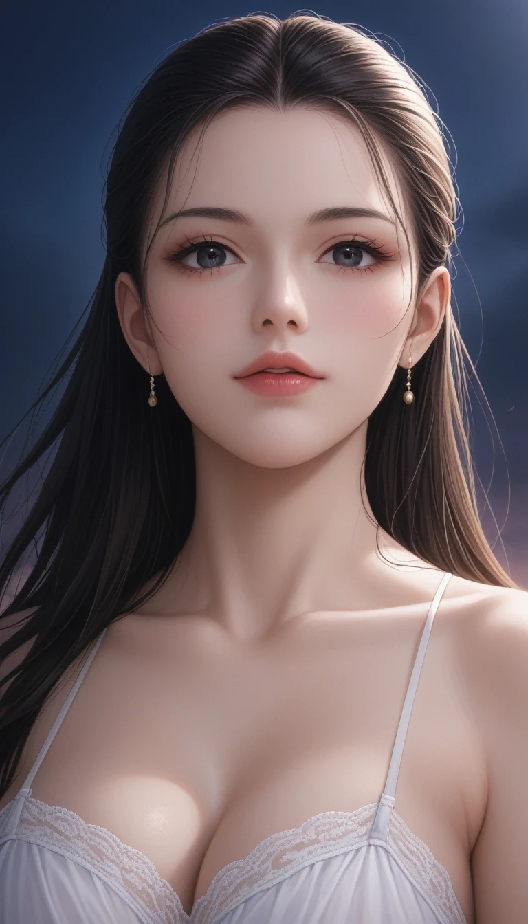 score_9, score_8_superior, score_7_superior, High-resolution CG illustration,A masterpiece in 32K resolution,Highest quality,it is really amazing,Very detailed,Ultra-high resolution,Ultra-realistic,Realistic,Increased depth of field,Cinematic lighting,
Sexy mature Japan woman,
Glossy black hair,Wavy long hair,Showing his forehead,god々Beautiful,Ultra-detailed and beautiful face,Sensual look,Beautiful dark brown, moist eyes,Pitch black eyes,Glowing, moisturized skin,Translucent white skin,born々New skin texture,Great proportions,
(A long, white draped dress in the style of an ancient Greek chiton:1.05),
Simple design,コットンborn地の柔らかな質感,Beautiful flowing drape,
A dark and blurry night background,Dark overcast sky on a dull night,Dark clouds filling the sky,Thundercloud,Coastline at night,Golden reflections on the sea surface,delay々A desolate sandy beach that continues,
Low - Angle,