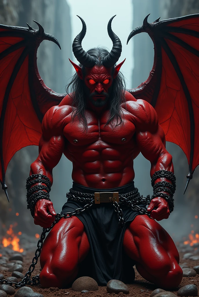 hairy chest, body only, muscular, red skin, dark gray hair, knight kneeling, huge pecs, huge body, big arms, eight-pack abs, black jockstrap, big bulge with balls, chain bind around body, Lu Bu, bat wings, two black small horns, demon, red pupils, red iris, black sclera, spiral eyes, red skinned, big penis