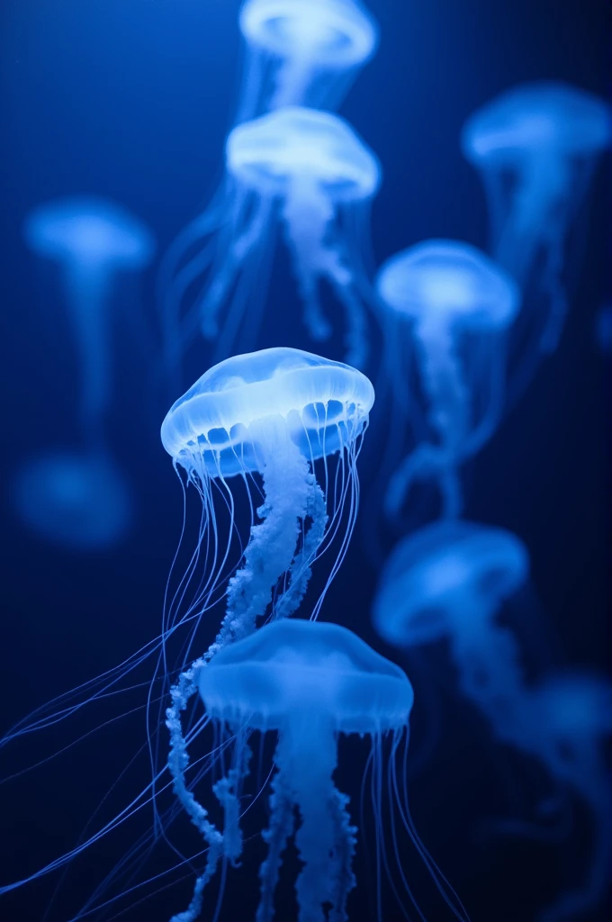 Deep underwater scene with several glowing jellyfish floating gracefully. The jellyfish are translucent with a soft blue and white glow, surrounded by a dark blue ocean background. The lighting is ethereal, creating a mystical and otherworldly atmosphere. The jellyfish are in various sizes, some close-up and others in the background, gently drifting with their tentacles trailing behind.