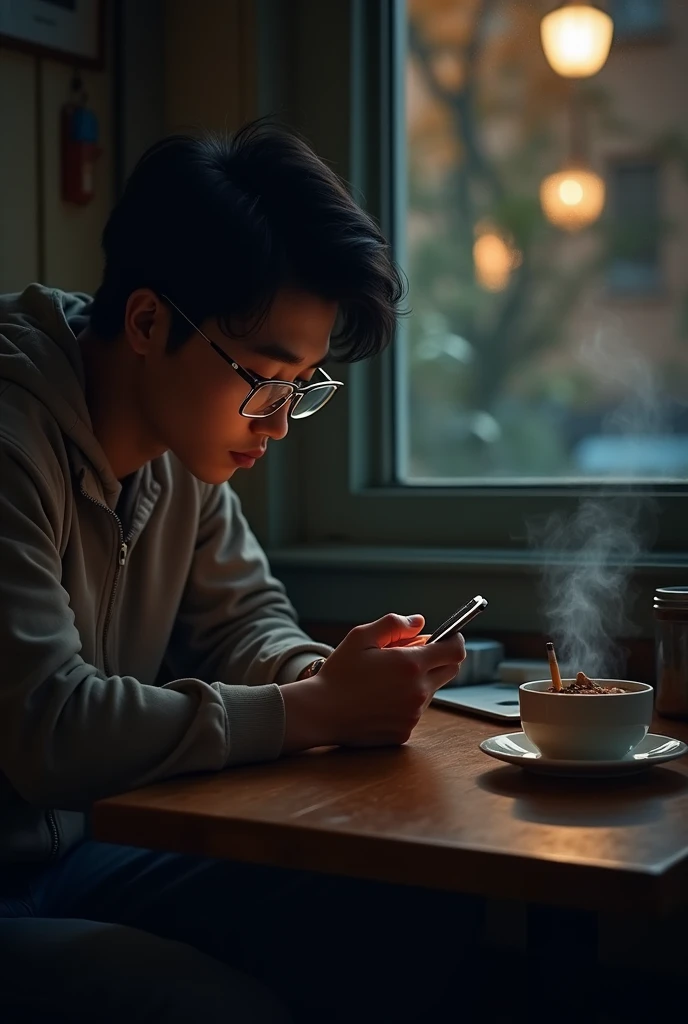 (photorealism:1.2), a handsome young man(1 inch short hair, wearing a white t-shirt headphones around his neck, sedang duduk termenung di teras rumah dithe night, holding a cigarette with smoke(like real), house with white paint, the night, there is a kettle and a cup of coffee on the table, the guitar was leaning against the wall near him, 5 watt wall lamp