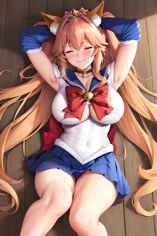 masterpiece, high definition, best quality, rendered art, well formed hands, fingers and body, 1 woman, solo, Tamamo No Mae, 31 years old, fox ears and fox tail, adult, grown up, wearing Sailor Moon's outfit, big breasted, cleavage, full body, sexy sailor senshi uniform, short blue skirt, red boots, gorgeous hips, legs and thighs, blond, white elbow gloves, sailor collar, tiara, earrings,ryona,in peril, she is defeated, knocked out, passed out, closed eyes, fainting, exhausted, unconscious, laying down on the sand, extended exposed body, full body on the sand, breathing heavily, sexy smirk on her face, bouncing breasts, sexy defeated and KOpose, defeat and KO scene, fallen beauty, martial arts tournament with beach environment 