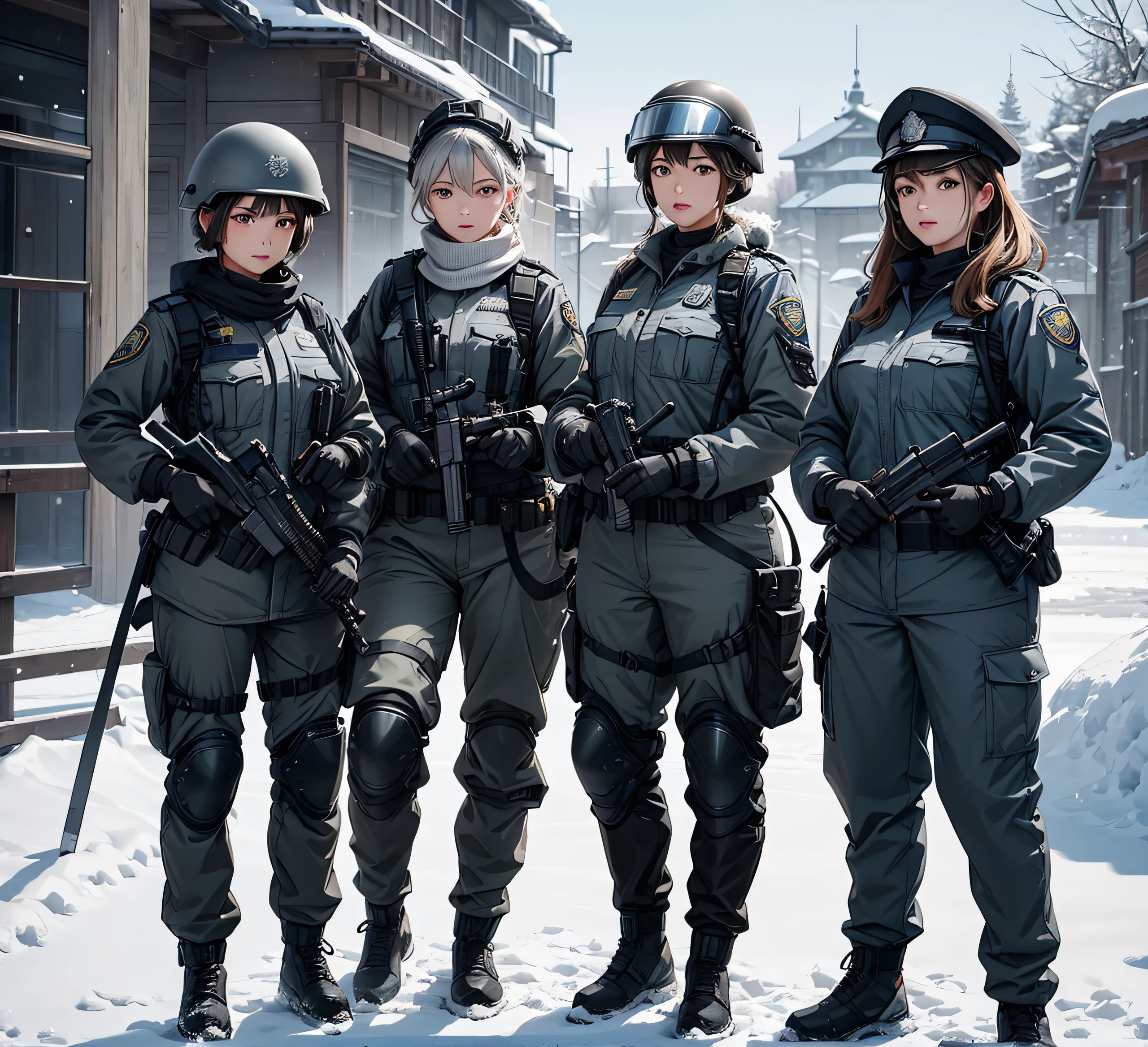 Four female police officers wearing thick gray coats、helmet、Military Pants、Standing guard with gun、The entrance to the snow-covered agency、masterpiece、best quality、Highly detailed CG、8K picture quality