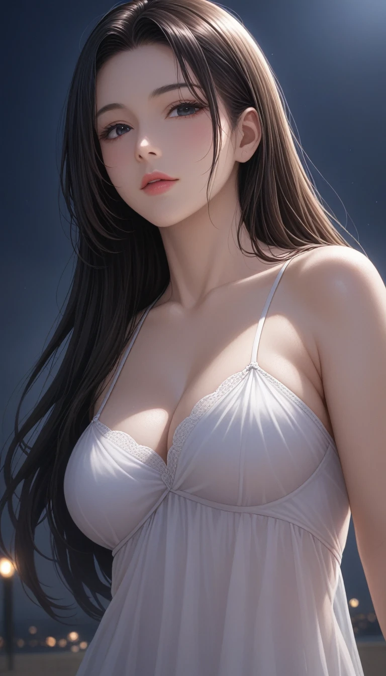 score_9, score_8_superior, score_7_superior, High-resolution CG illustration,A masterpiece in 32K resolution,Highest quality,it is really amazing,Very detailed,Ultra-high resolution,Ultra-realistic,Realistic,Increased depth of field,Cinematic lighting,
Sexy mature Japan woman,
Glossy black hair,Wavy long hair,Showing his forehead,god々Beautiful,Ultra-detailed and beautiful face,Sensual look,Beautiful dark brown, moist eyes,Pitch black eyes,Glowing, moisturized skin,Translucent white skin,born々New skin texture,Great proportions,
(A long, white draped dress in the style of an ancient Greek chiton:1.05),
Simple design,コットンborn地の柔らかな質感,Beautiful flowing drape,
A dark and blurry night background,Dark overcast sky on a dull night,Dark clouds filling the sky,Thundercloud,Coastline at night,Golden reflections on the sea surface,delay々A desolate sandy beach that continues,
Low - Angle,