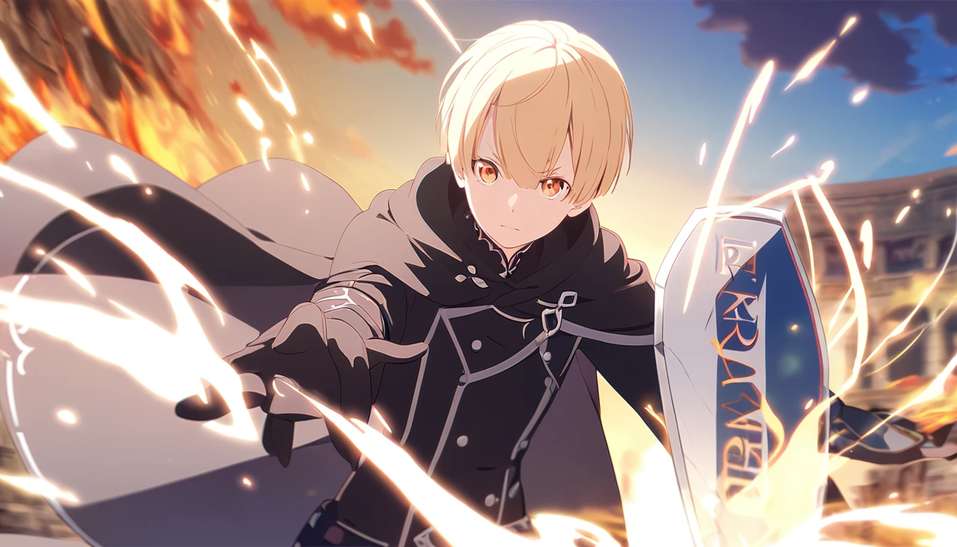 Anime Styles, Re zero style, black outfit, Black cloak, Leather suit, Male,boy,man, Fantasy, shield, magic spell , blonde hair, short hair, orange eyes, HD, effect, magic spell effect, Day background
