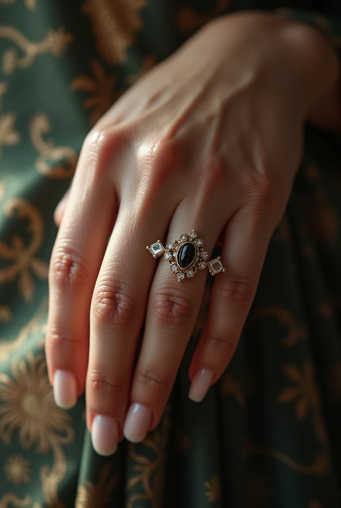 A detailed, close-up shot of a woman's hand, beautiful delicate fingers, intricate veins, soft skin, ornate jewelry, natural lighting, cinematic composition, high-quality, photorealistic, 8K, HDR, sharp focus, studio lighting, realistic rendering, elegant, feminine, graceful, serene, mystical, magical.