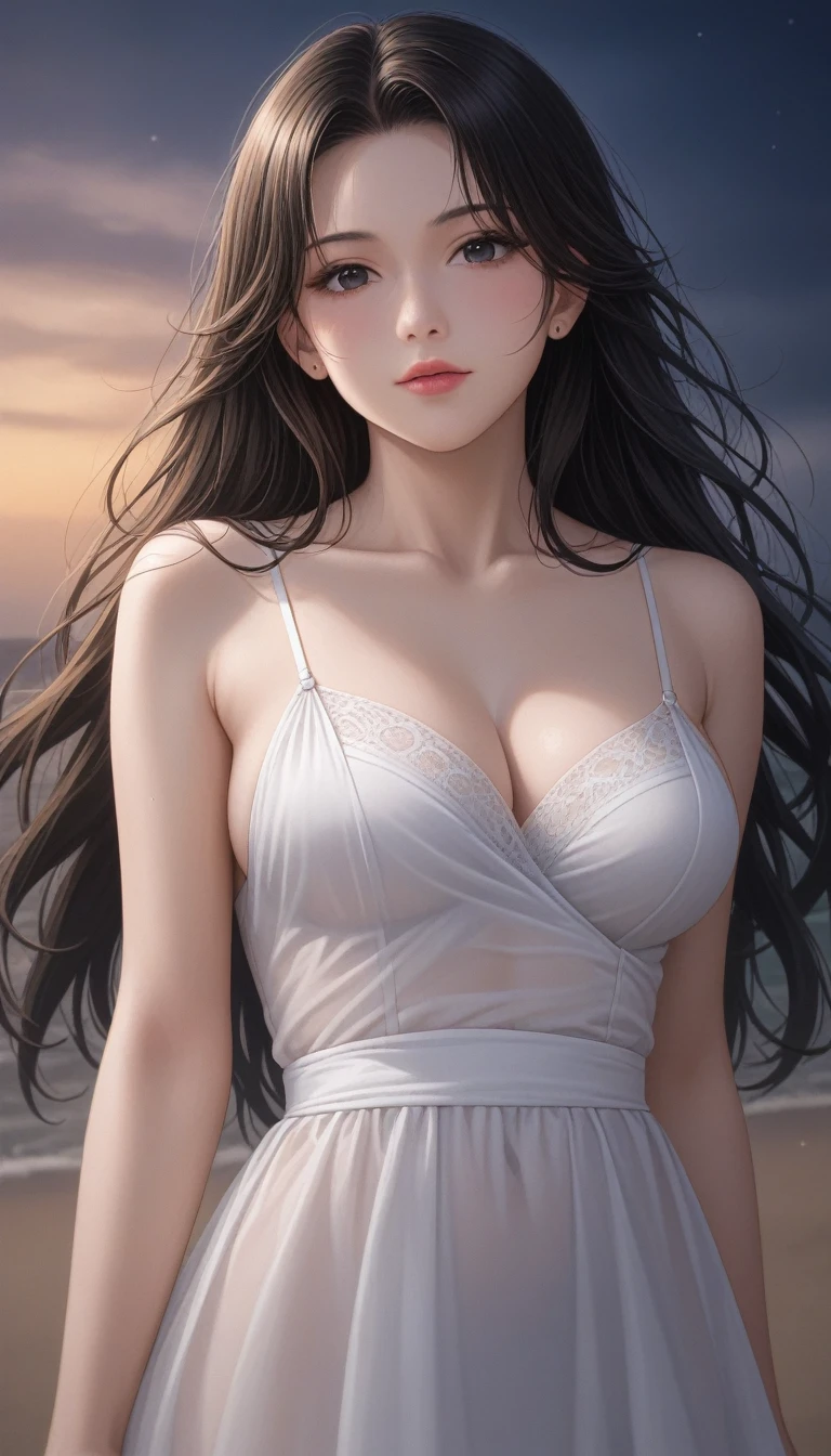 score_9, score_8_superior, score_7_superior, High-resolution CG illustration,A masterpiece in 32K resolution,Highest quality,it is really amazing,Very detailed,Ultra-high resolution,Ultra-realistic,Realistic,Increased depth of field,Cinematic lighting,
Sexy mature Japan woman,
Glossy black hair,Wavy long hair,Showing his forehead,god々Beautiful,Ultra-detailed and beautiful face,Sensual look,Beautiful dark brown, moist eyes,Pitch black eyes,Glowing, moisturized skin,Translucent white skin,born々New skin texture,Great proportions,
(A long, white draped dress in the style of an ancient Greek chiton:1.05),
Simple design,コットンborn地の柔らかな質感,Beautiful flowing drape,
A dark and blurry night background,Dark overcast sky on a dull night,Dark clouds filling the sky,Thundercloud,Coastline at night,Golden reflections on the sea surface,delay々A desolate sandy beach that continues,
Low - Angle,