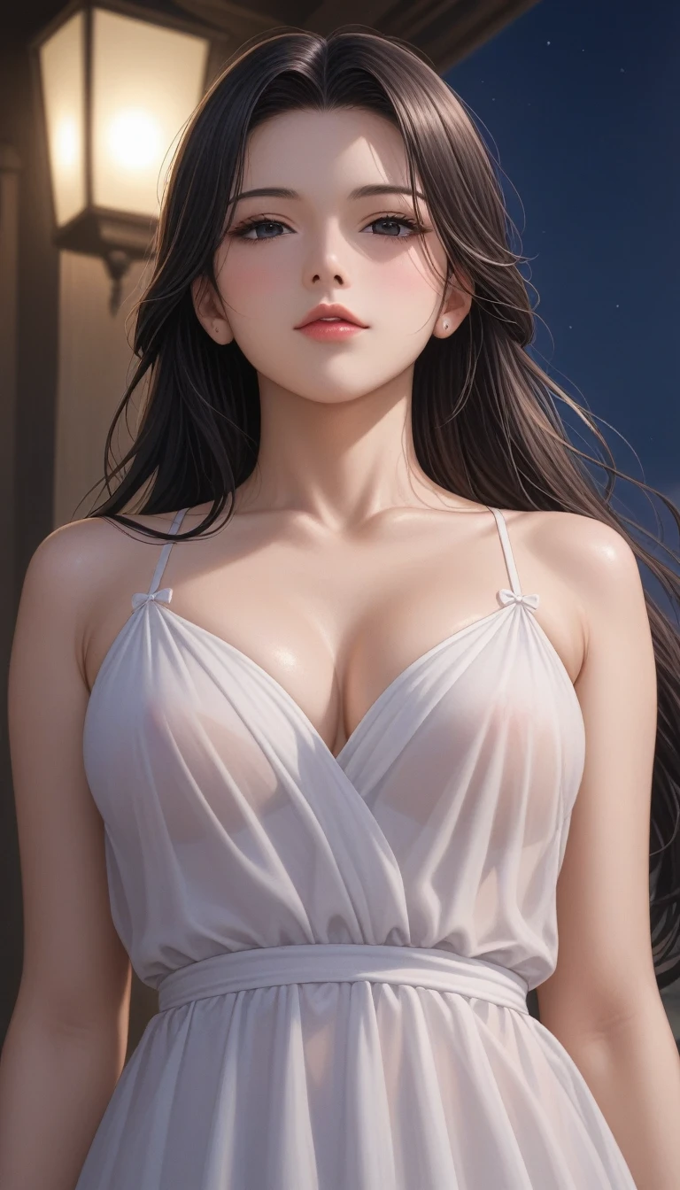 score_9, score_8_superior, score_7_superior, High-resolution CG illustration,A masterpiece in 32K resolution,Highest quality,it is really amazing,Very detailed,Ultra-high resolution,Ultra-realistic,Realistic,Increased depth of field,Cinematic lighting,
Sexy mature Japan woman,
Glossy black hair,Wavy long hair,Showing his forehead,god々Beautiful,Ultra-detailed and beautiful face,Sensual look,Beautiful dark brown, moist eyes,Pitch black eyes,Glowing, moisturized skin,Translucent white skin,born々New skin texture,Great proportions,
(A long, white draped dress in the style of an ancient Greek chiton:1.05),
Simple design,コットンborn地の柔らかな質感,Beautiful flowing drape,
A dark and blurry night background,Dark overcast sky on a dull night,Dark clouds filling the sky,Thundercloud,Coastline at night,Golden reflections on the sea surface,delay々A desolate sandy beach that continues,
Low - Angle,