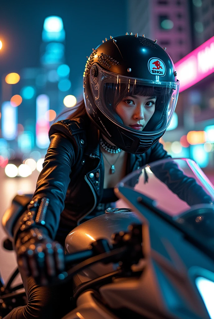 beautiful Japanese punk rock girl, Riding on a super cool sport motorcycle, at highway in metropolitan at night, high speed, dramatic scene, masterpiece, (face focus:1.3), clear helmet visor, beautiful eyes, Honda bike, Shoei helmet, wearing punk rock leather outfits, (shoot from side)