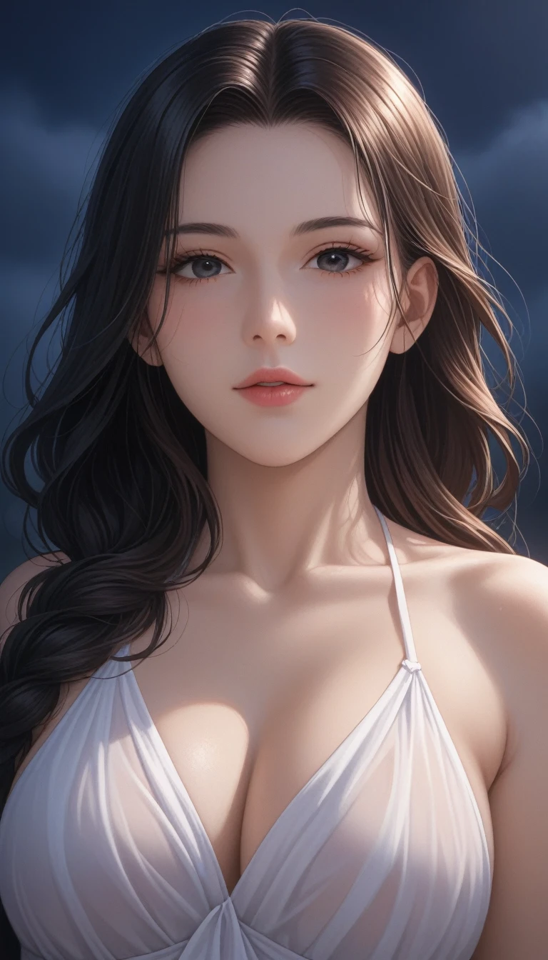 score_9, score_8_superior, score_7_superior, High-resolution CG illustration,A masterpiece in 32K resolution,Highest quality,it is really amazing,Very detailed,Ultra-high resolution,Ultra-realistic,Realistic,Increased depth of field,Cinematic lighting,
Sexy mature Japan woman,
Glossy black hair,Wavy long hair,Showing his forehead,god々Beautiful,Ultra-detailed and beautiful face,Sensual look,Beautiful dark brown, moist eyes,Pitch black eyes,Glowing, moisturized skin,Translucent white skin,born々New skin texture,Great proportions,
(A long, white draped dress in the style of an ancient Greek chiton:1.05),
Simple design,コットンborn地の柔らかな質感,Beautiful flowing drape,
A dark and blurry night background,Dark overcast sky on a dull night,Dark clouds filling the sky,Thundercloud,Coastline at night,Golden reflections on the sea surface,delay々A desolate sandy beach that continues,
Low - Angle,