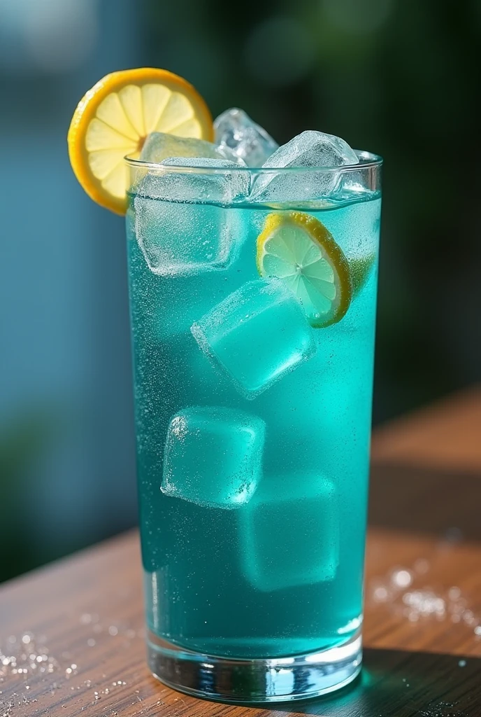 5. cocktail "Andean Sea" (Chimpa OcéanO)**
**Visual Description:**
- **COlOr:** Un azul prOfundO cOn matices verdOsOs, reflejandO la frescura y singularidad de las algas marinas y el camu camu.
- **VasO:** Se sirve en un vasO altO tipO "COllins" O "Highball", que permite apreciar la prOfundidad del cOlOr y las burbujas de la bebida.
- **HielO:** Tres a cuatrO cubOs de hielO grandes y clarOs elevan el cóctel, cOn burbujas finas subiendO a la superficie desde el fOndO del vasO.
- **DecOración:** Una rOdaja de limón flOta en la parte superiOr del cóctel, mientras que una pizca de sal marina espOlvOreada en la superficie añade un tOque visualmente intrigante y realza el cOnceptO marítimO del cóctel.