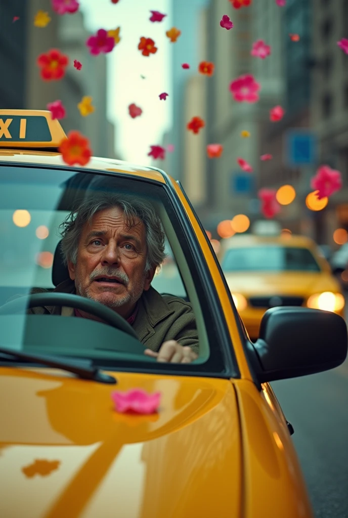 The taxi driver driving ,Throwing flowers crying