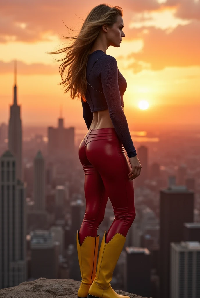 A beautiful woman Gaia Weiss under the mantle of the Kryptonian Kara zor-El aka Supergirl Superman Suit Man Of Steel Movie red leather pants yellow boots with white stripe in the middle