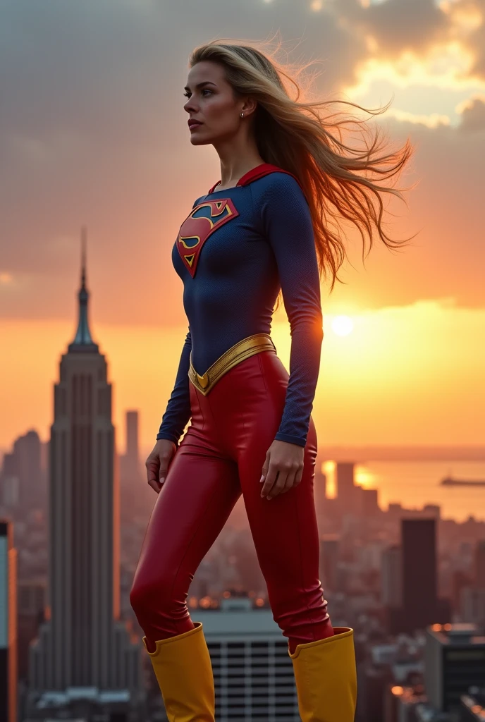 A beautiful woman Gaia Weiss under the mantle of the Kryptonian Kara zor-El aka Supergirl Superman Suit Man Of Steel Movie red leather pants yellow boots with white stripe in the middle