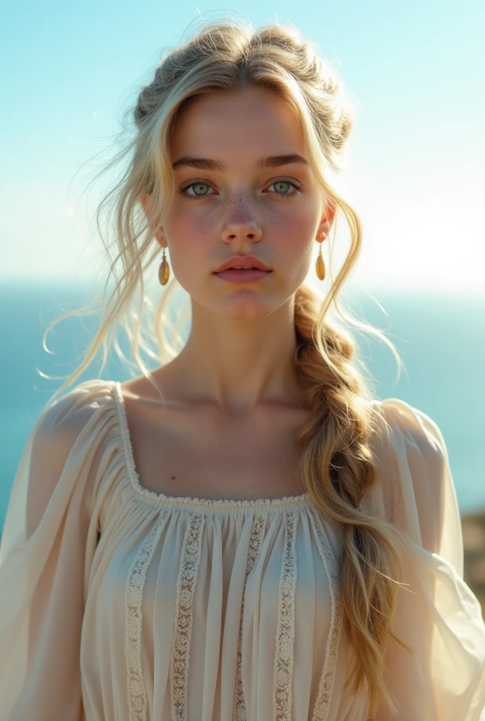 beautiful 15 year old teenager, Light blue eyes and blonde hair tied in a long ponytail and wavy locks on her face and forehead, refined nose and fair complexion. full lips. looking at the horizon, selfie style. serious face. Wearing a fantastical long-sleeved dress and gold earrings