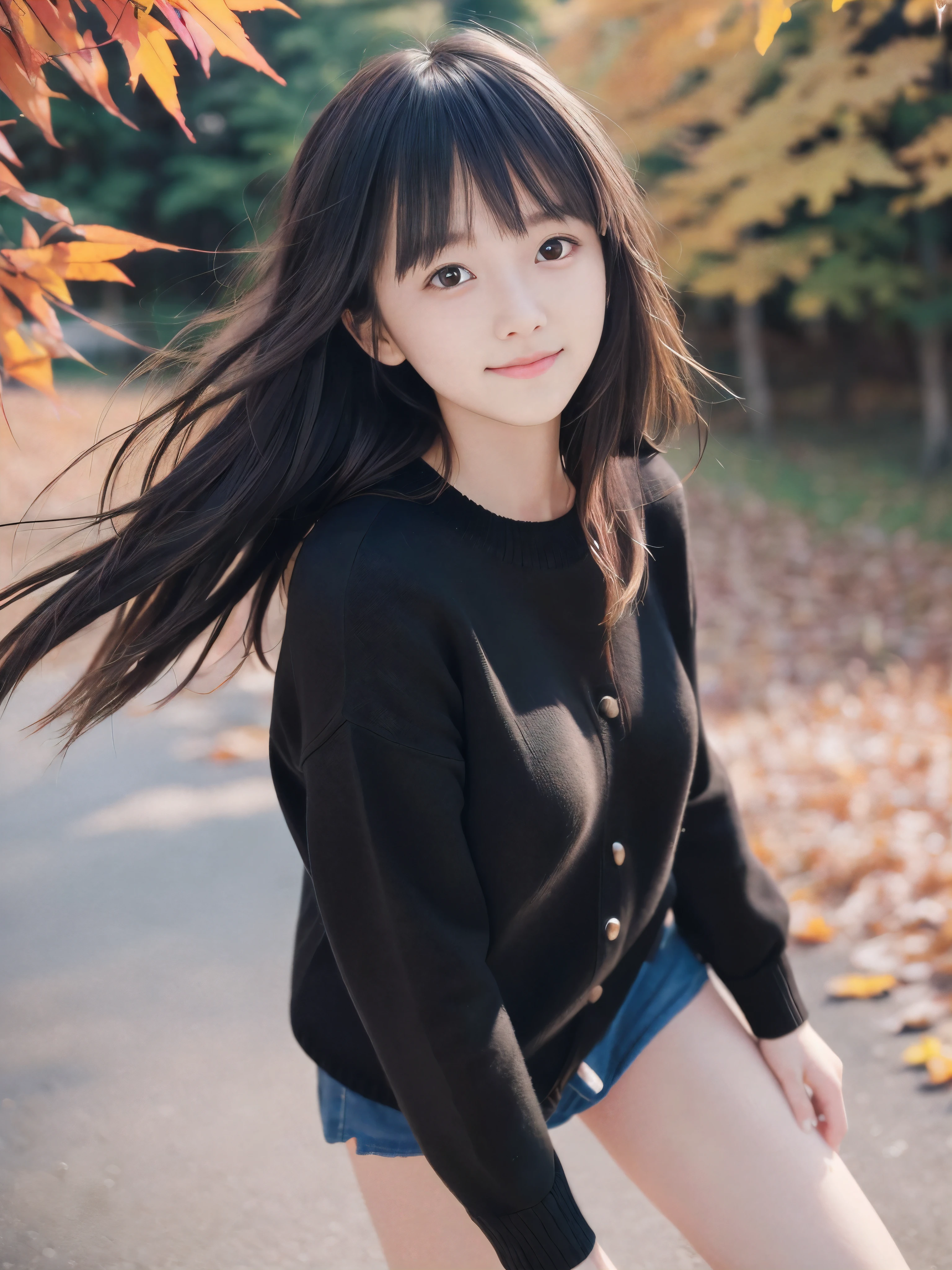 (Face shot of one slender small breasts two side up black medium hair bangs girl in autumn colorful shirt and sweater
:1.5)、(One girl is turn around with small smile and her hair is blowing 
by the wind
:1.5)、(Beautiful red leaves and autmn mountain:1.5)、(Soft filter:1.5)、(8k ultra detailed master piece:1.5)、(perfect anatomy:1.5)、(Photorealistic stick:1.5)、(Raw photo:1.3)、(highest quality:1.5)、(High resolution:1.3)、(Delicate and beautiful perfect face:1.3)、(Delicate and beautiful eye air skin:1.3)、(Real Human Skin:1.3)、((thin legs))